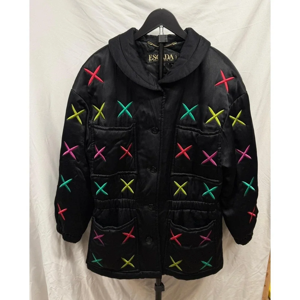 Vintage 80's Escada Women's‎ 100% Silk Retro Colorful Quilted Satin Puffer Coat - Picture 3 of 13